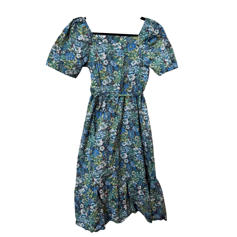 Vintage Blue Floral Square Neck Puff Sleeve Midi Dress Ruffle Hem Cottagecore
